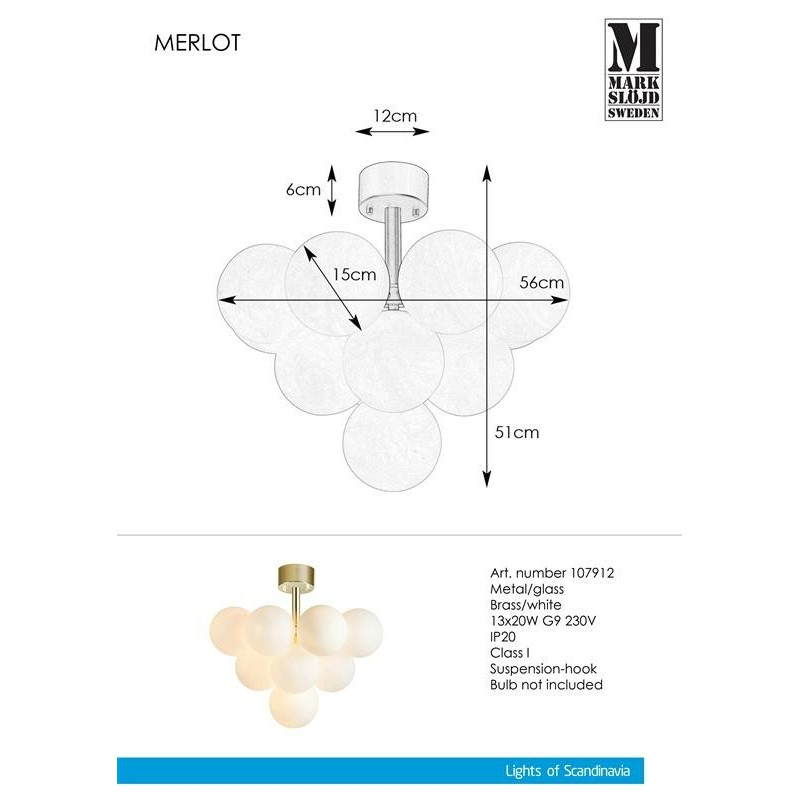 Hanging lamp MERLOT 13L gold / white 107912 MARKSLOJD