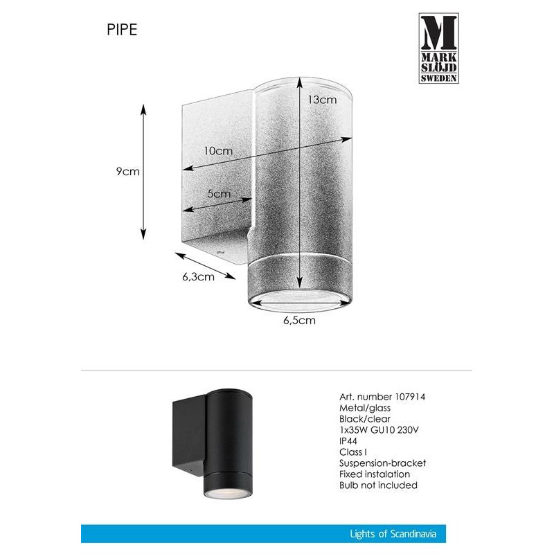 Outdoor wall lamp PIPE 1L Black IP44 107914 Markslojd