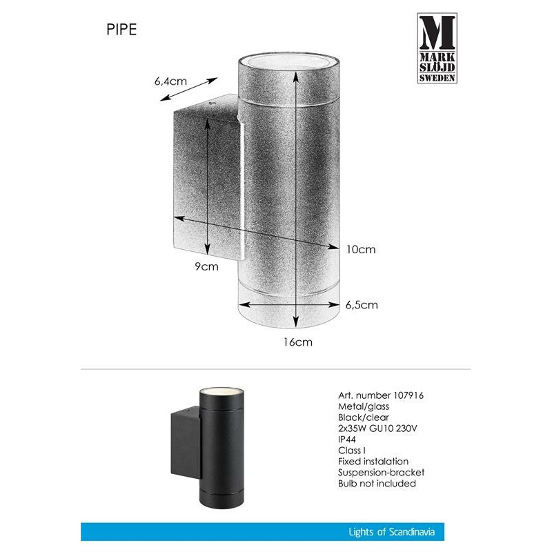 Outdoor wall lamp PIPE 1L Black IP44 107914 Markslojd