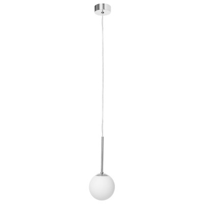 Silver pendant lamp LAMIA 1, white sphere lampshade details chrome transparent KASPA cable