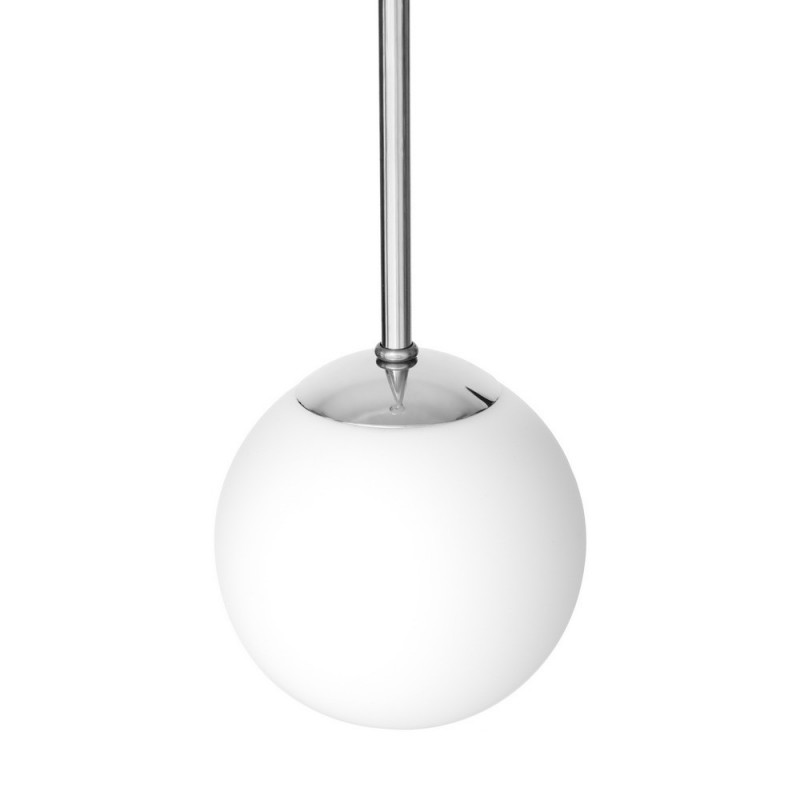 Silver pendant lamp LAMIA 1, white sphere lampshade details chrome transparent KASPA cable