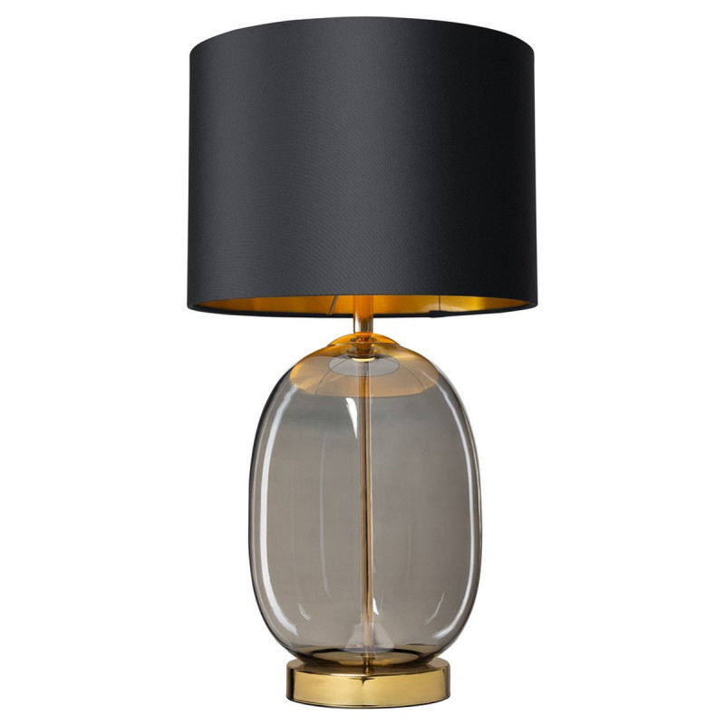 Lampa stojąca SALVADOR lampa na stolik abażur czarny szklana podstawa dymna detale złote KASPA