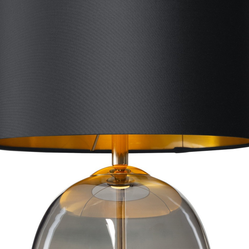 Lampa stojąca SALVADOR lampa na stolik abażur czarny szklana podstawa dymna detale złote KASPA