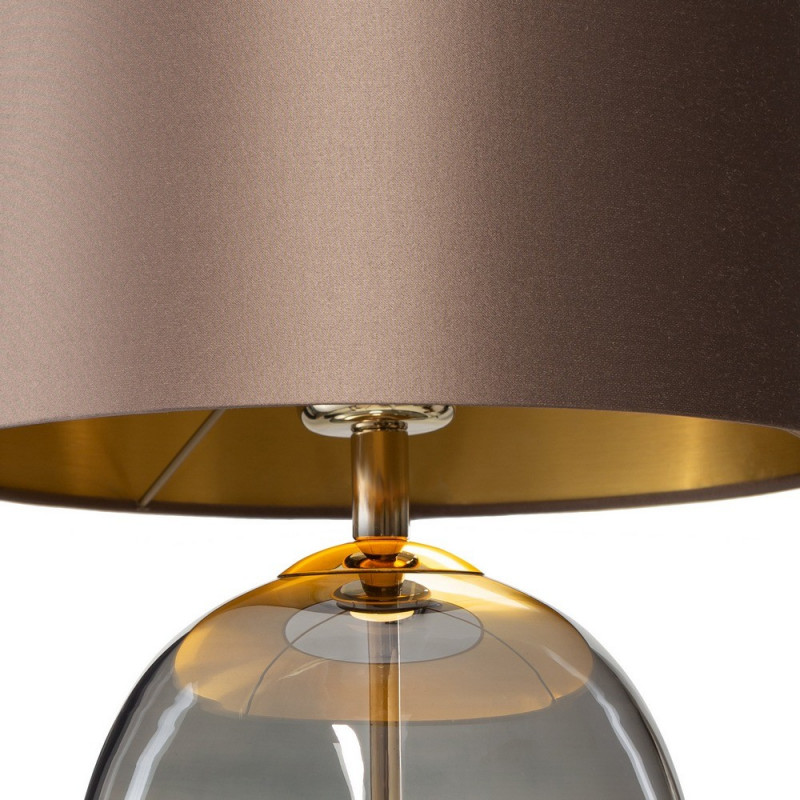 Lampa stojąca SALVADOR lampa na stolik abażur ciemny beż szklana podstawa dymna detale złote KASPA