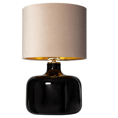 Lampa stojąca LORA lampa na stolik abażur welurowy beż wewnątrz szczotkowany złoty czarna szklana podstawa KASPA