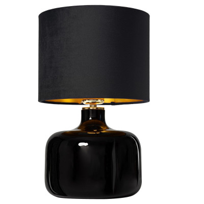 Lampa stojąca LORA lampa na stolik abażur welurowy czarny wewnątrz szczotkowany złoty czarna szklana podstawa KASPA