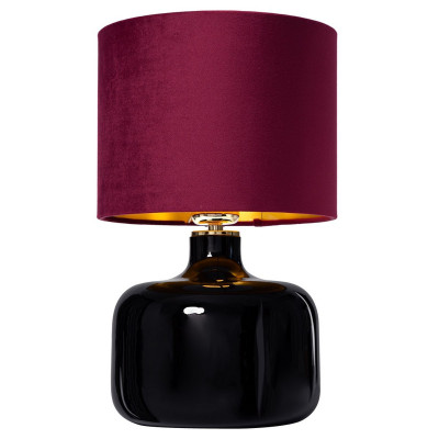 Lampa stojąca LORA lampa na stolik abażur welurowy bordowy wewnątrz szczotkowany złoty czarna szklana podstawa KASPA