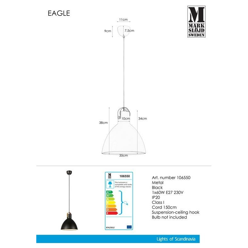 Hanging lamp EAGLE 35cm Black 60W 106550 MARKSLOJD