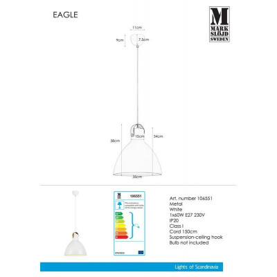 Hanging lamp EAGLE 35cm white 60W 106551 MARKSLOJD