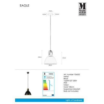 Hanging lamp EAGLE 22cm Black 60W 106552 MARKSLOJD