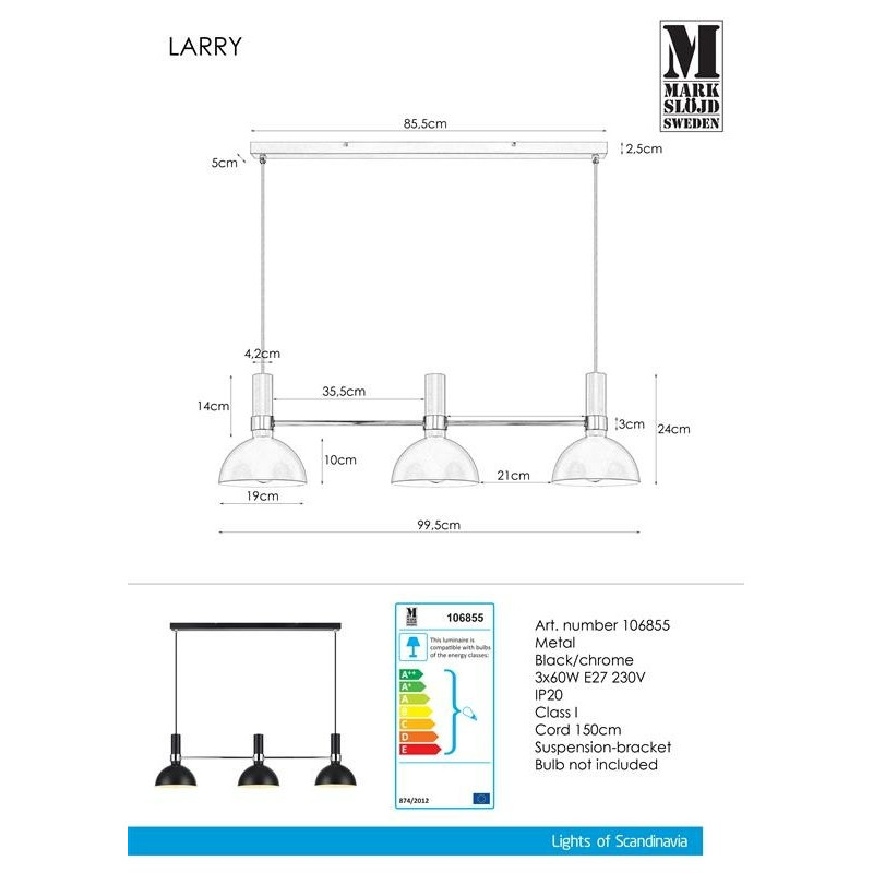Lampa wisząca LARRY 60W Czarny/Chrom 106855 Markslojd