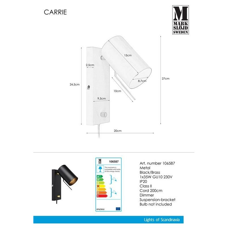 Lamp CARRIE Wall 35W Black 106587 MARKSLOJD