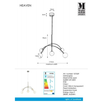 Hanging lamp HEAVEN 5x28W Steel / White 107559 MARKSLOJD