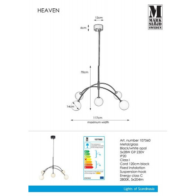Hanging lamp HEAVEN 5x28W black / White 107560 MARKSLOJD