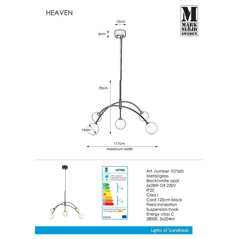 Hanging lamp HEAVEN 5x28W black / White 107560 MARKSLOJD