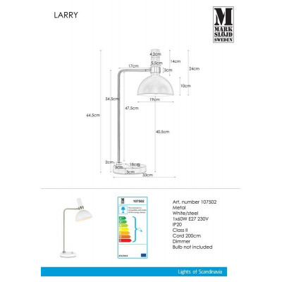 Lampa stołowa LARRY 60W Biała/Stal 107502 MARKSLOJD