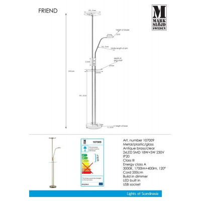 Floor lamp FRIEND 18W + 5W LED Antique Brass USB 107009 MARKSLOJD