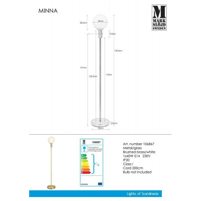 Floor lamp MINNA E14 40W Brushed Brass / White 106867 MARKSLOJD