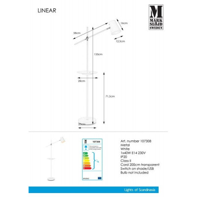 Floor lamp LINEAR 40W E14 USB white 107308 MARKSLOJD