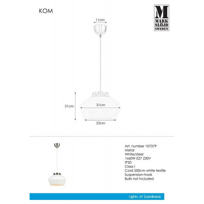 Lampa Wisząca KOM 60W biały/Stal 107379 MARKSLOJD