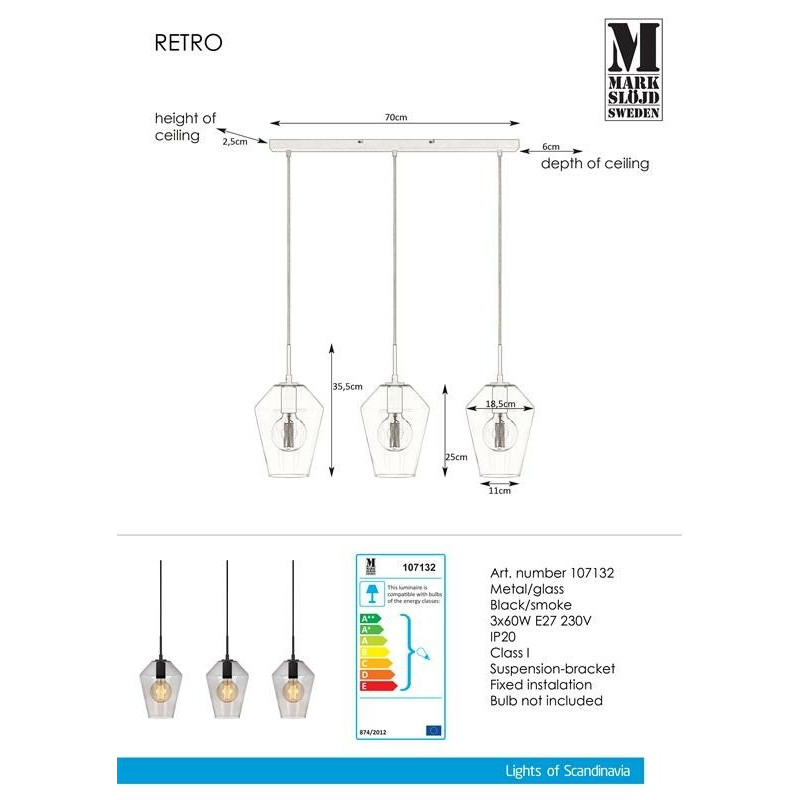 Hanging lamp RETRO 3x60W Black / Smoke 107132 MARKSLOJD