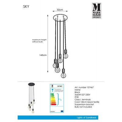 Lampa wisząca SKY 5x60W E27, Okrągła, czarna 107467 MARKSLOJD