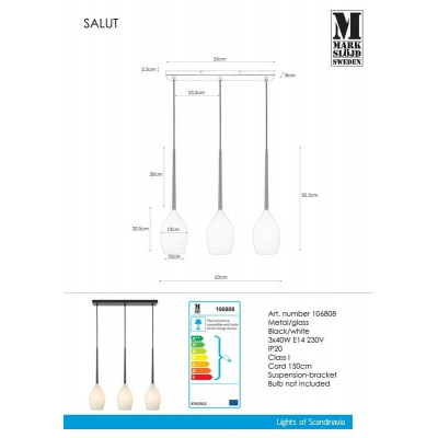 Hanging lamp SALUT 3x40W E14 black / white 106808 MARKSLOJD