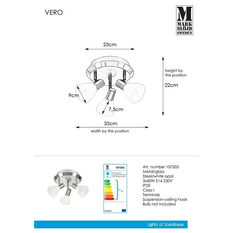 Ceiling lamp / Plafond VERO 3x40W E14 steel / White 107505 MARKSLOJD