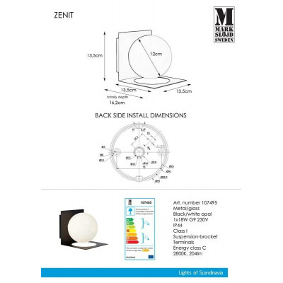 Wall lamp ZENIT 18W G9 IP44 Black / White 107495 MARKSLOJD