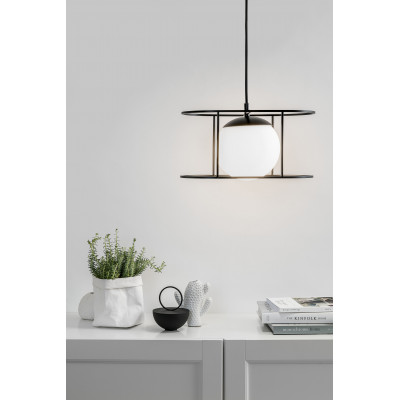 Sufitowa lampa wisząca KUGLO B czarny stelaż i biała szklana kula UMMO