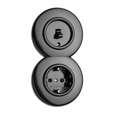 Rustic Bakelite Flush Mount Schuko Ground Socket Retro Style - Black No Frame THPG