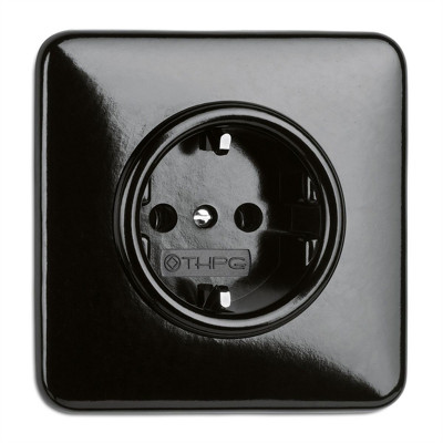 Rustic Bakelite Flush Mount Schuko Ground Socket Retro Style - Black No Frame THPG