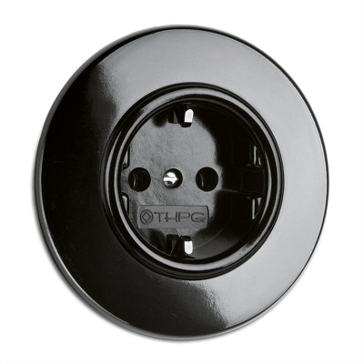 Rustic Bakelite Flush Mount Schuko Ground Socket Retro Style - Black No Frame THPG
