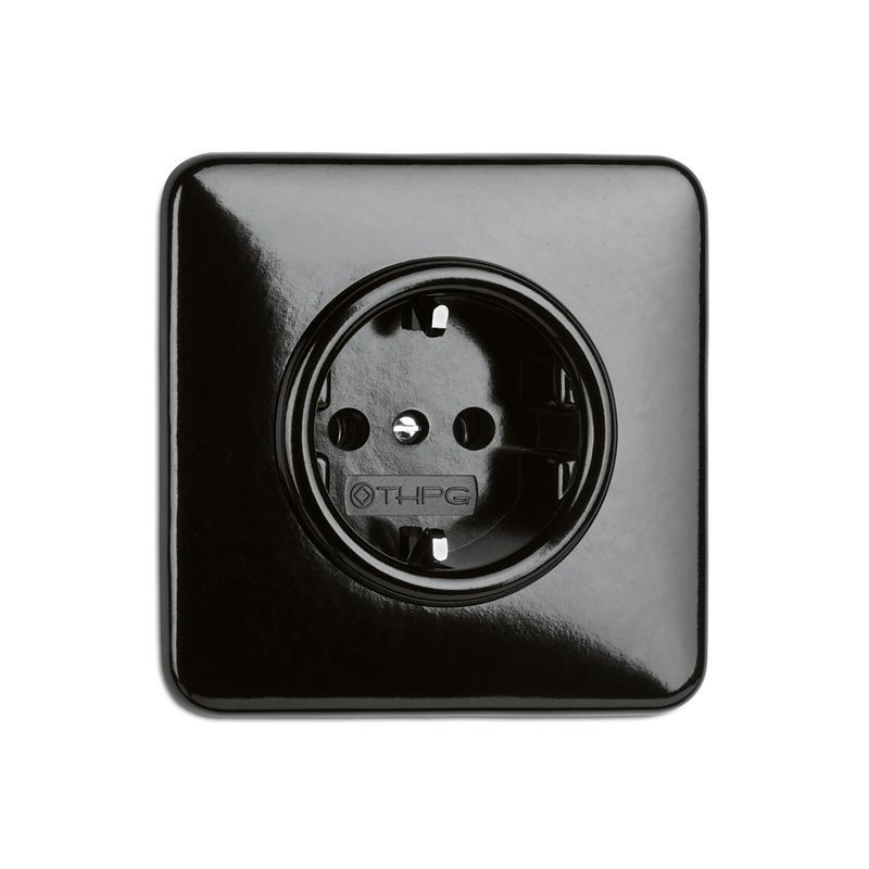 Rustic Bakelite flush-mounted Retro schuko socket - black without frame with shutters 174527 THPG