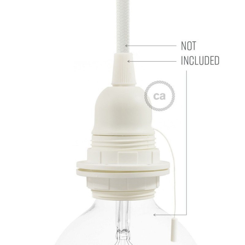 White thermoplastic E27 lampholder with a double ring for mounting the lampshade and a pull switch Creative-Cables