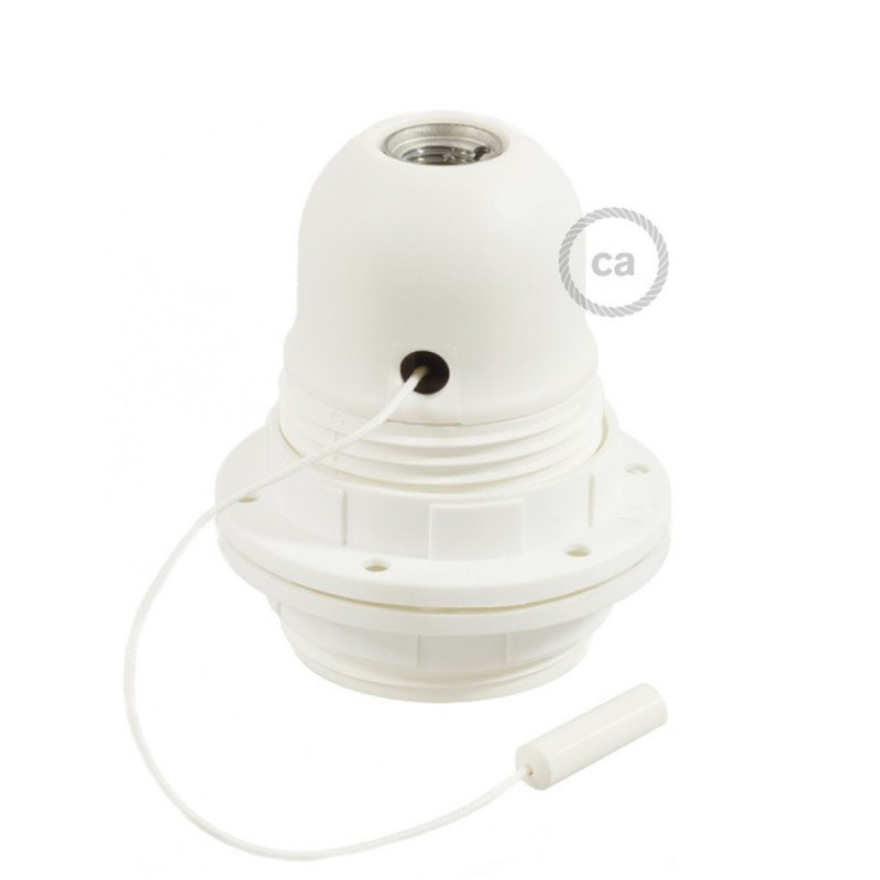 White thermoplastic E27 lampholder with a double ring for mounting the lampshade and a pull switch Creative-Cables