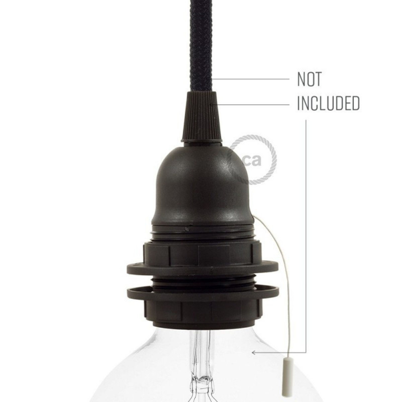 Black thermoplastic E27 lampholder with a double ring for mounting the lampshade and a pull switch Creative-Cables