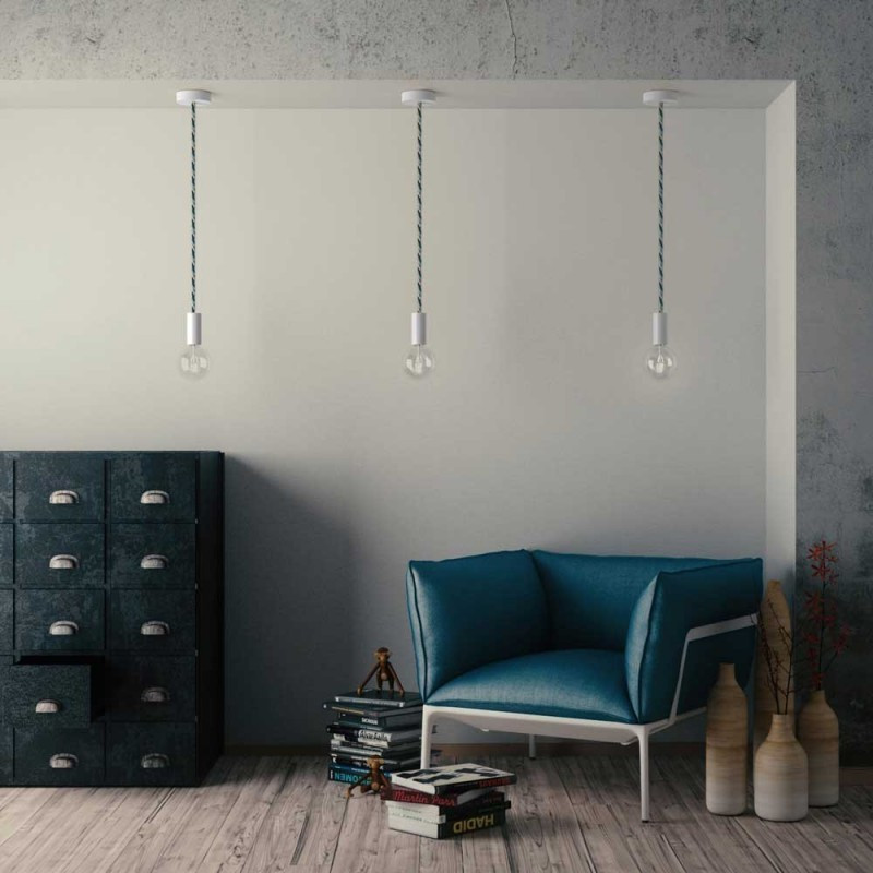 Trójkolorowy niebieski błyszczący kabel skręcany Bernadotte w podwójnym oplocie tekstylnym trzyżyłowy 3x1x0.75 Creative Cables