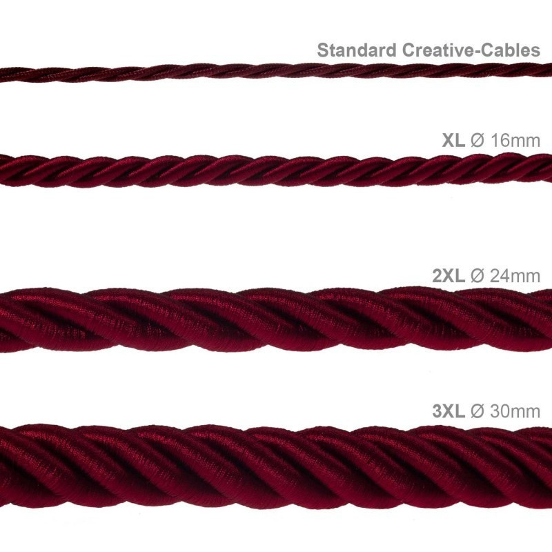 2XL electrical cord, electrical cable 3x0,75. Shiny dark bordeaux fabric covering. Diameter 24mm Creative Cables