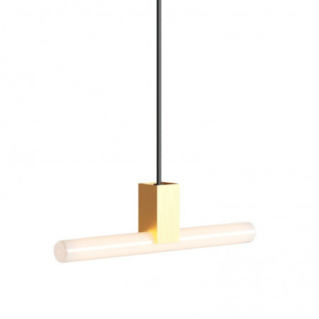 Złota lampa wisząca z oprawką S14d Syntax® na kablu tekstylnym z mleczną 30cm żarówką liniową Creative-Cables
