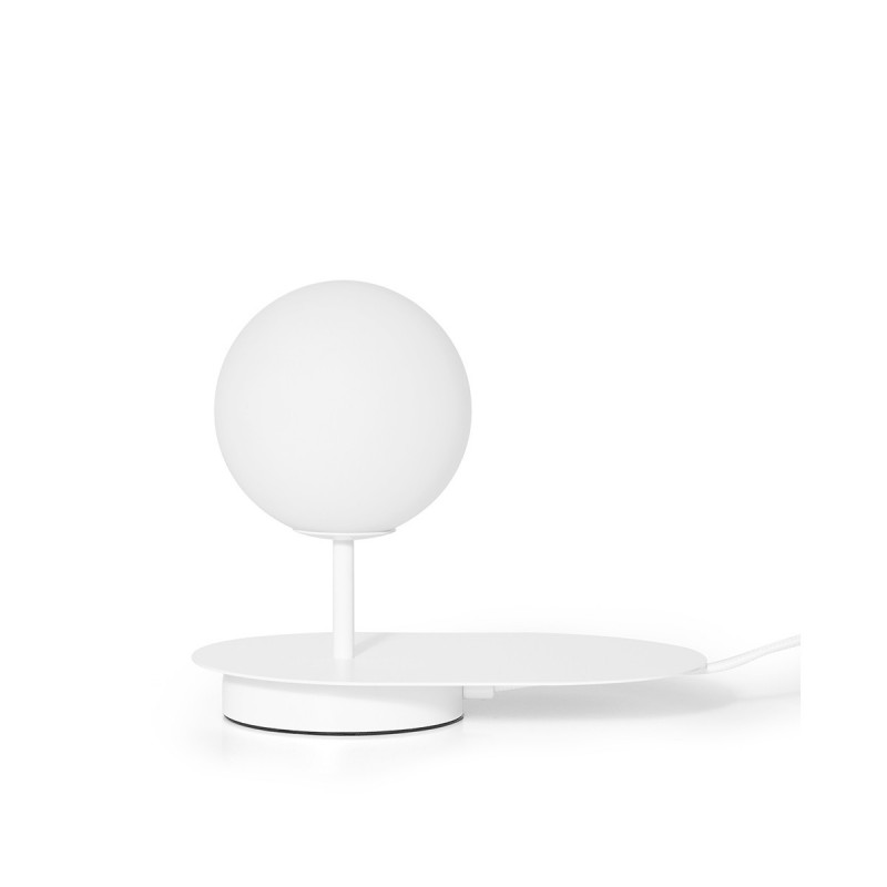 Biała lampa na stolik z półką HANEA ST ze szklanym kloszem UMMO