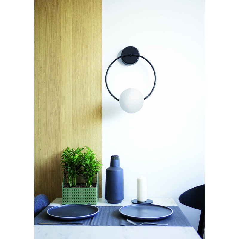 Fuppu B wall lamp sconce with black round frame and white glass shade UMMO
