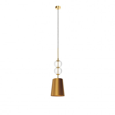 Pendant lamp COCO S with a golden conical lampshade on a golden suspension KASPA