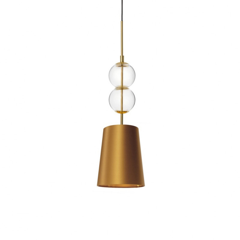Pendant lamp COCO S with a golden conical lampshade on a golden suspension KASPA