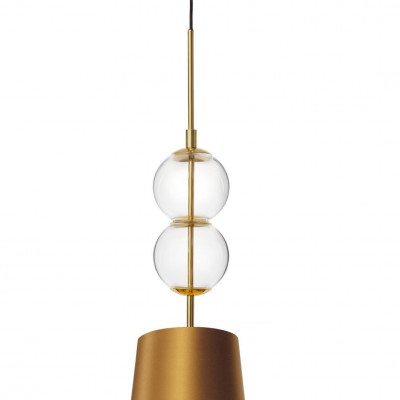Pendant lamp COCO S with a golden conical lampshade on a golden suspension KASPA