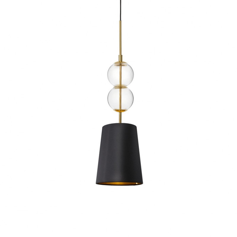 Pendant lamp COCO S with a black conical lampshade on a golden suspension KASPA