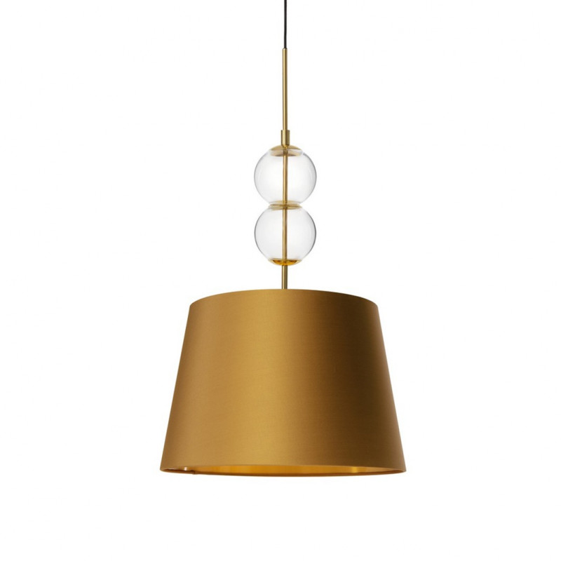 Pendant lamp COCO M with a golden conical lampshade on a golden suspension KASPA