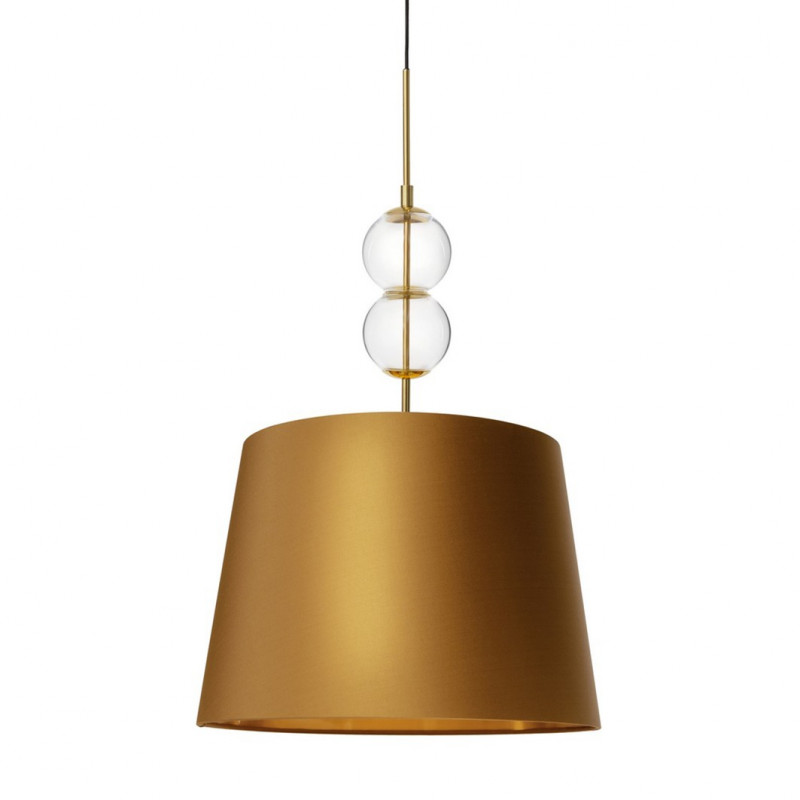 Pendant lamp COCO L with a golden conical lampshade on a golden suspension KASPA