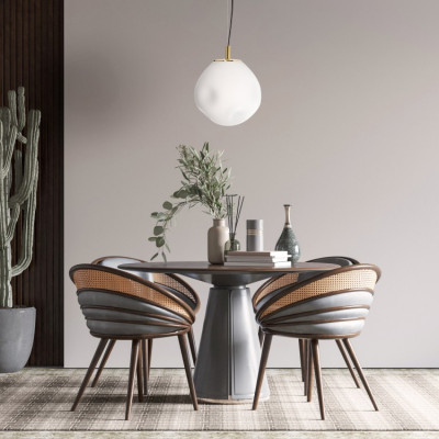 Hanging lamp CLOE M with a opal shade on a golden suspension KASPA