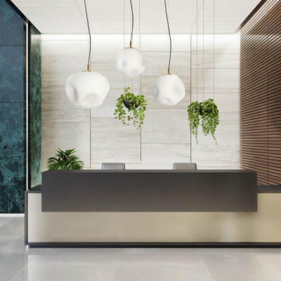 Hanging lamp CLOE L with a opal shade on a golden suspension KASPA